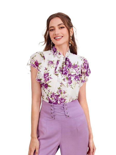 

tie neck butterfly sleeve floral 37q6#, White