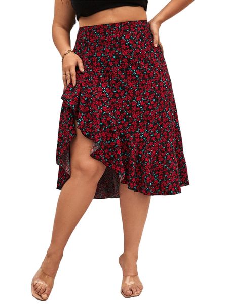 

plus ditsy floral print ruffle hem skirt u8n8#, Black