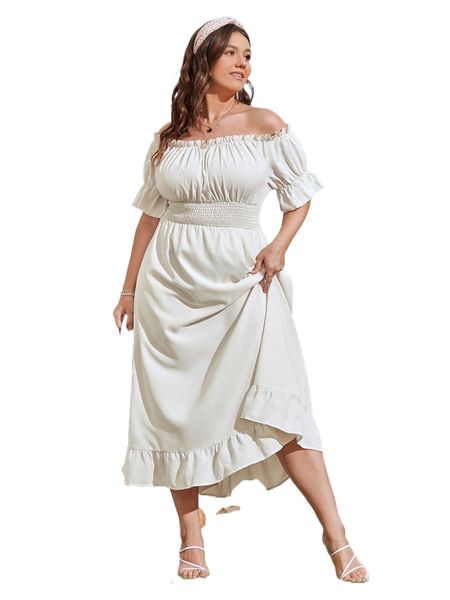 

plus off shoulder shirred waist flounce sleeve ruffle hem dress g5un#, Black