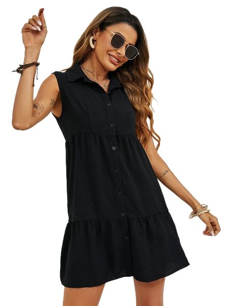 

button front ruffle hem dress i49s#, Black;gray