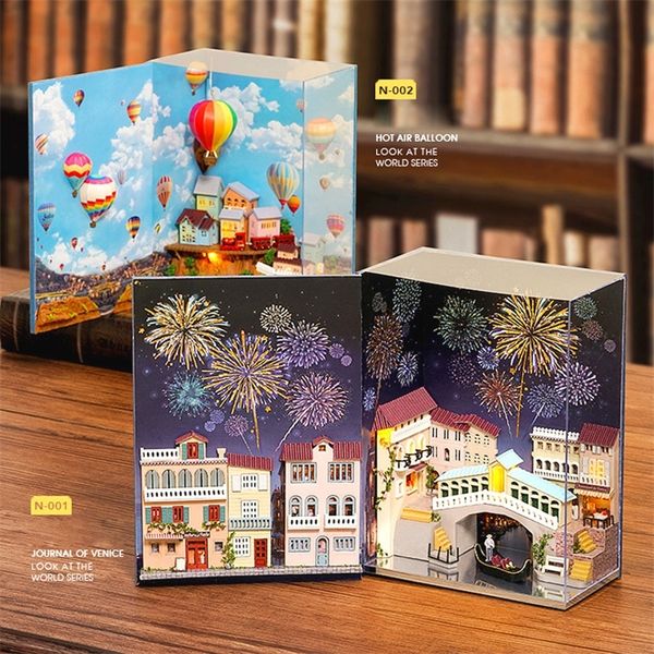 DIY Minyatür Dollhouse Hava Balon Ahşap Mobilya Bebek Evi LED Hafif Oyuncaklar Çocuklar İçin Doğum Günü Hediyeleri Mini Kitap Serisi LJ201126