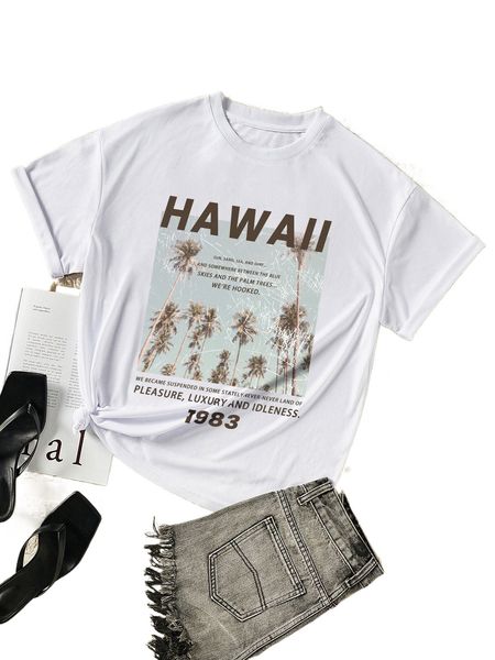 

coconut tree & letter graphic tee x65d#, White
