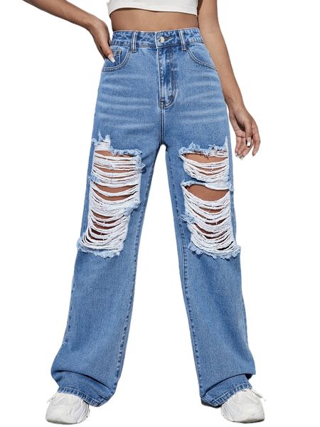 

high waist ladder distressed cat whisker straight leg jeans g4zk#, Blue