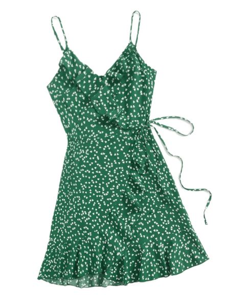 

allover heart print ruffle detail wrap cami dress s72k#, Black;gray