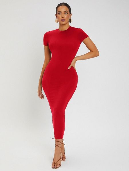 

sxy solid round neck bodycon dress s4fq#, Black;gray
