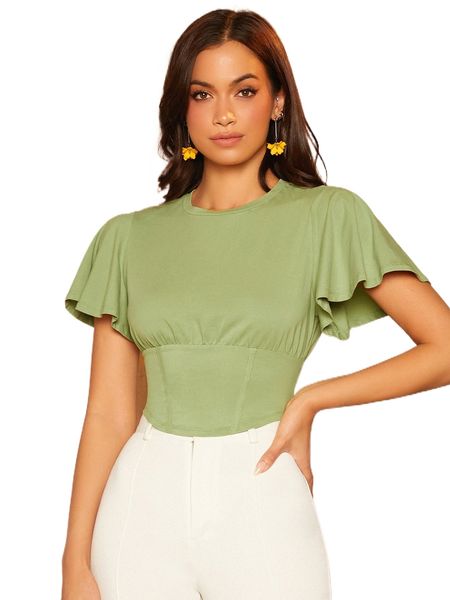 

butterfly sleeve asymmetrical hem crop tee t8td#, White
