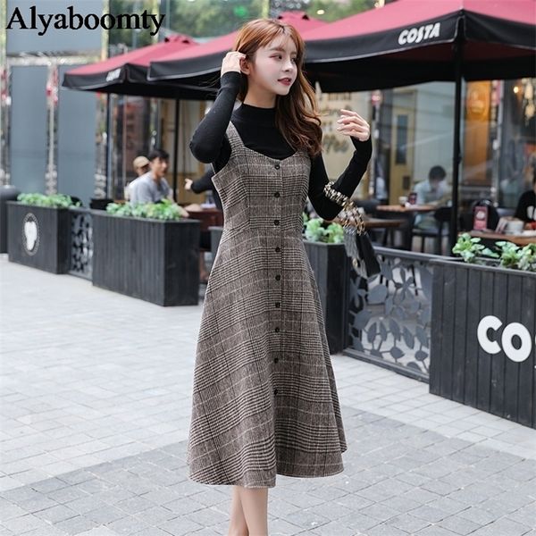 

england style autumn winter women midi sundress suspenders vintage plaid woolen sleeveless dress elegant chic warm vestido mujer 201008, White;black