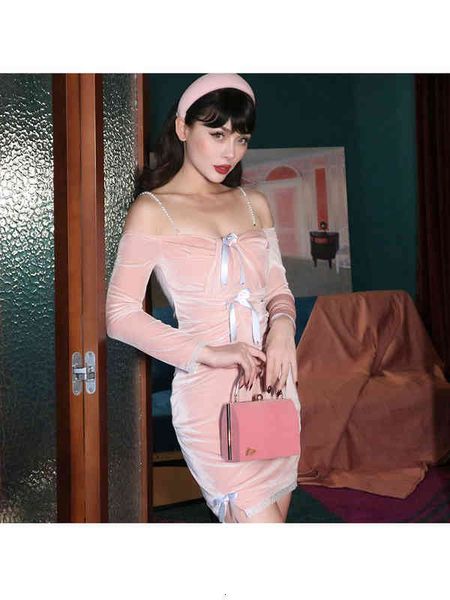 

casual dresses vintage original autumn winter vintage pink velvet exquisite pleated off shoulder dress hi9z, Black;gray