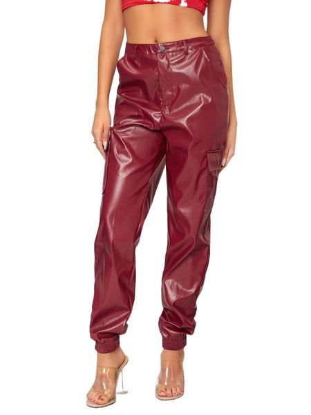 

zipper fly flap pocket pu pants p0gs#, Black;white