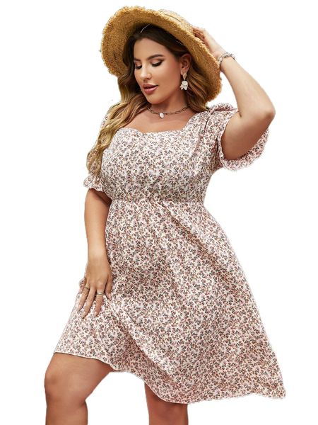 

plus ditsy floral print puff sleeve dress e4i9#, Black