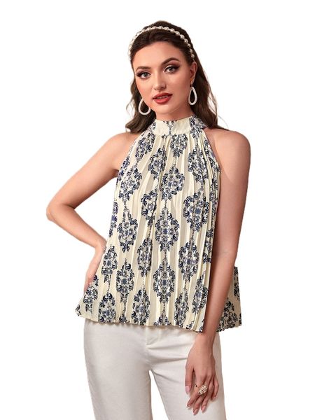 

floral print halter neck tie back pleated blouse q8yd#, White