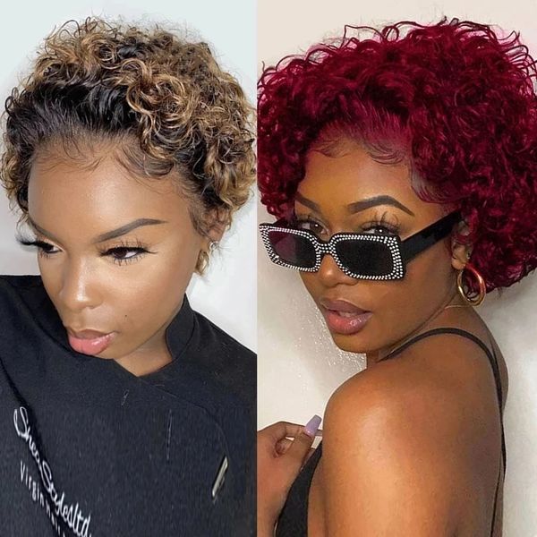

highlight pixie cut bob wig deep wave 13x1 lace wigs for black women brazilian glueless ombre curly short human hair wig, Black;brown