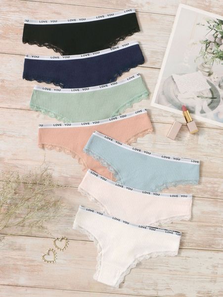 

7pack letter tape contrast lace panty a7nk#, Black;red