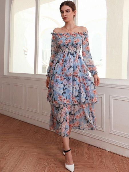 

floral print off shoulder shirred flounce sleeve layered hem dress v3ah#, Black;gray