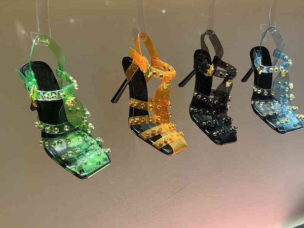

sandals summer fashion show square head sheepskin sandals decoration transparent jelly high heels, Black