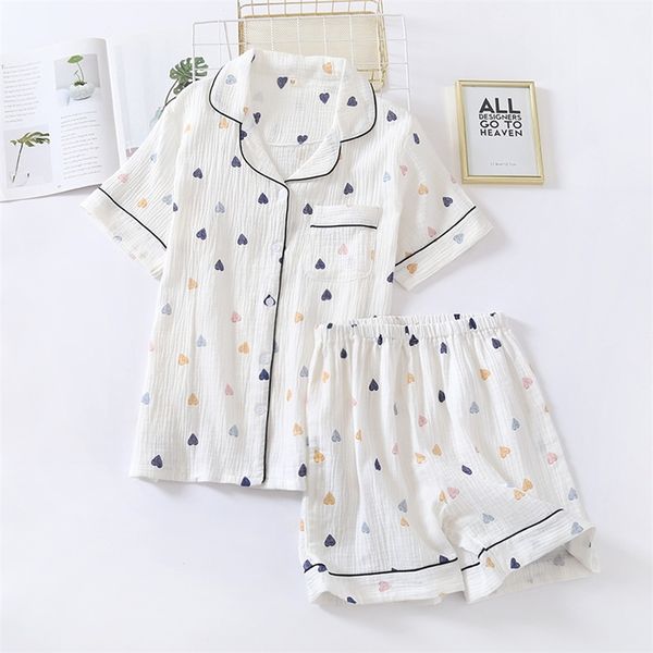 

japanese summer ladies cotton gauze short sleeve shorts pajamas suit cute heart-shaped thin section home service suit woman 220408, Black;red
