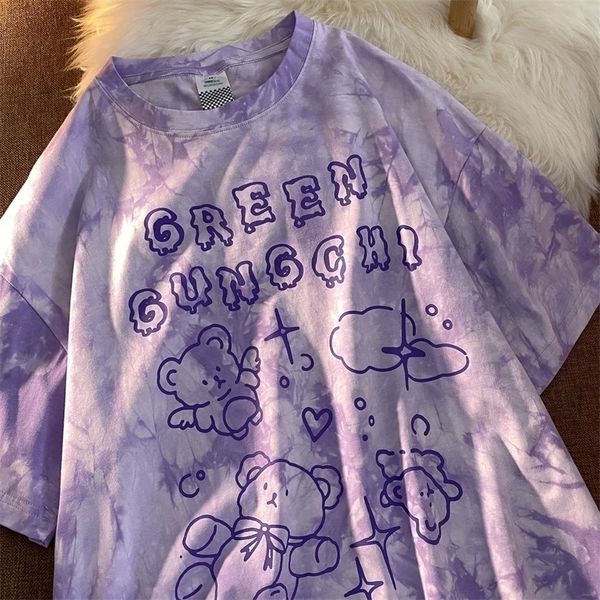 

cotton cute bear tshirt streetwear summer oversized t shirt women harajuku short sleeves tee hip hop tie dyed tshirt funny 220408, White