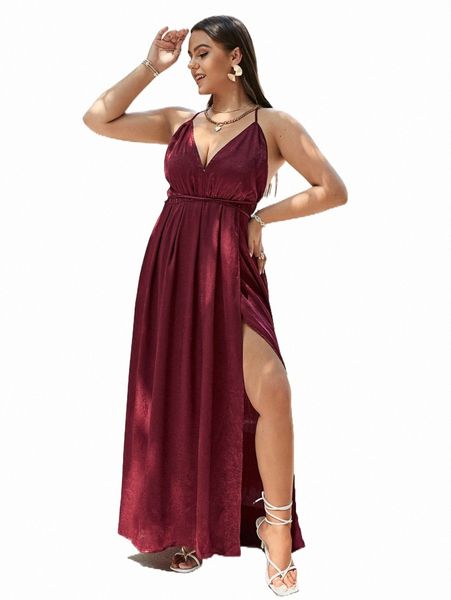 

simplee plus criss cross backless split hem cami dress 37hl#, Black