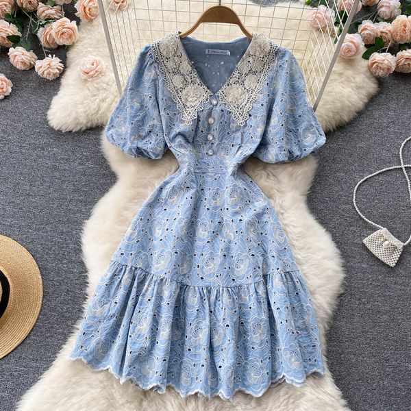 

2023 fashion runway mini dress summer women's lace colalr puff sleeve hollow out embroidery ruffles hem slim elegant dresses, Black;gray