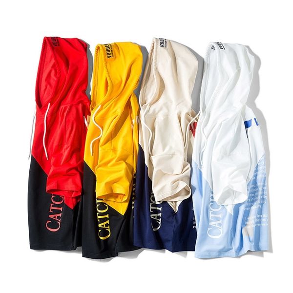 

hooded slim men fashion two colors patchwork t shirt short sleeve casual hoodies homme hip hop cotton men summer t-shirt 201126, Black