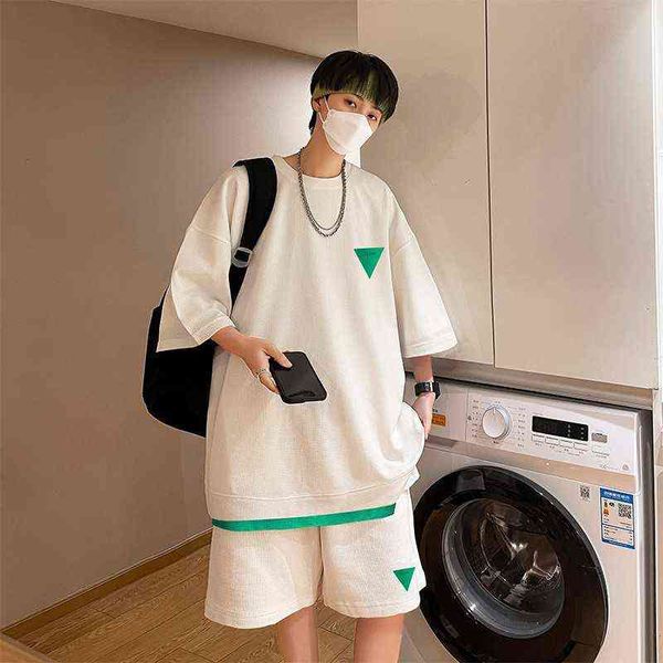

waffle suit men's summer short sleeve fashion loose clothes casual sports pants t-shirt shorts set, White;black