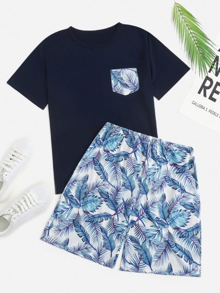 

men tropical print tee & shorts u2b9#, Gray
