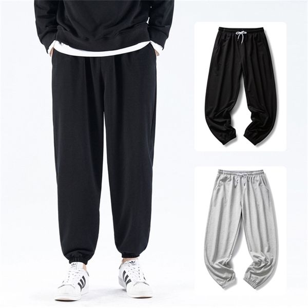 

autumn and winter cotton pants men fleece solid elastic waist streetwear baggy trousers men casual trendy wild men pants 220429, Black