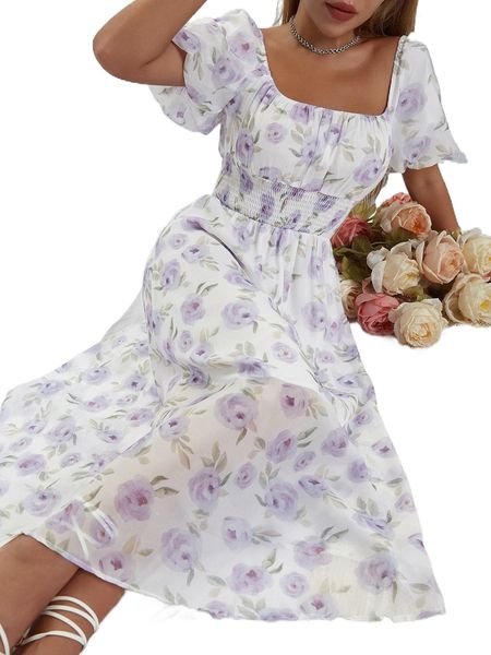 

allover floral print shirred waist puff sleeve chiffon dress t0i8#, Black;gray