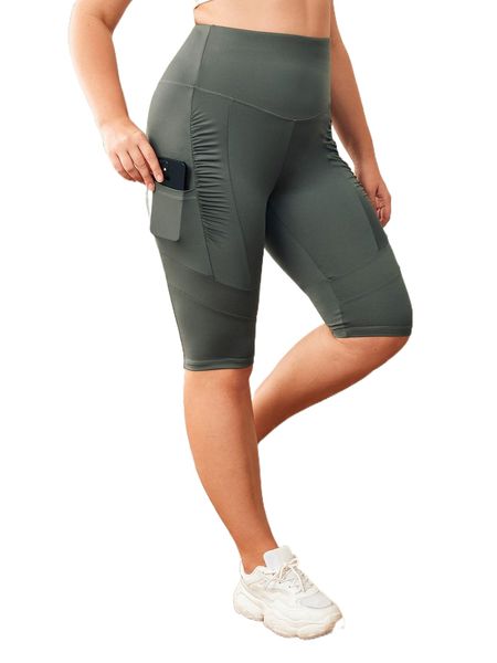 

plus softness wide waistband ruched sports shorts with phone pocket j0t5#, Black