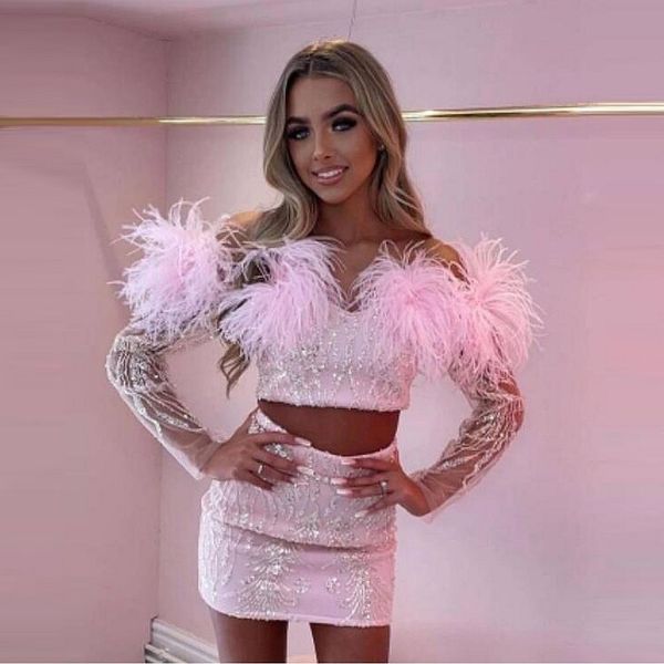 Errötende rosa Cocktailkleider mit Federn, Applikationen, Pailletten, zweiteiliges Partykleid mit langen Ärmeln, Mädchen-Geburtstags-Abschlussballkleider