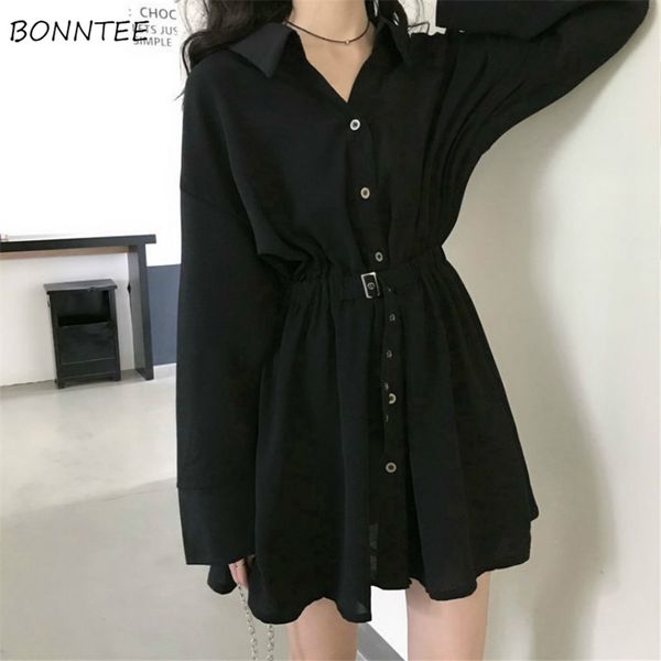 

dress women pure turn down collar button long sleeve collect waist elegant fashion black clothing fall hepburn vestido chic 220521, Black;gray