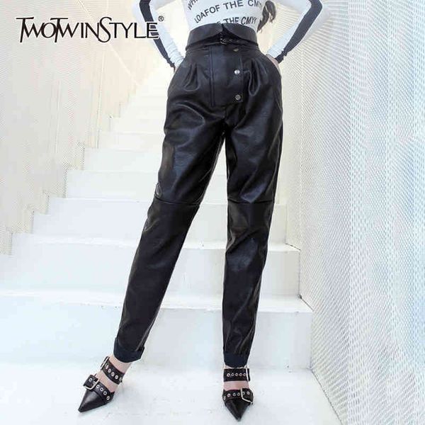 

streetwear black harem pants for women high waist casual loose pu leather trouser female fashion clothes 210423, Black;white