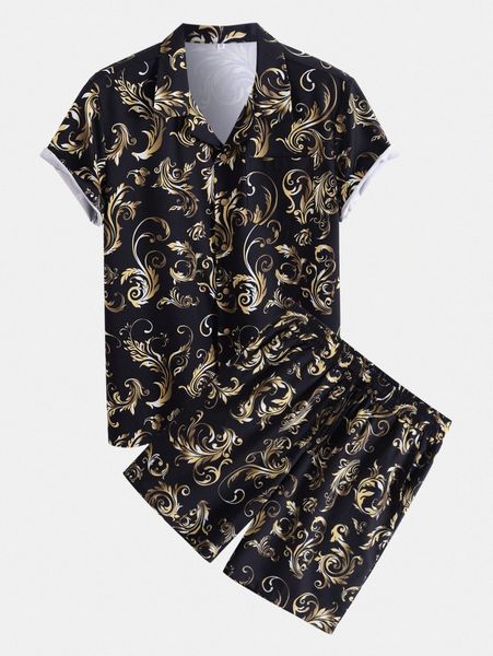 

men random baroque print shirt & shorts g2o2#, Gray