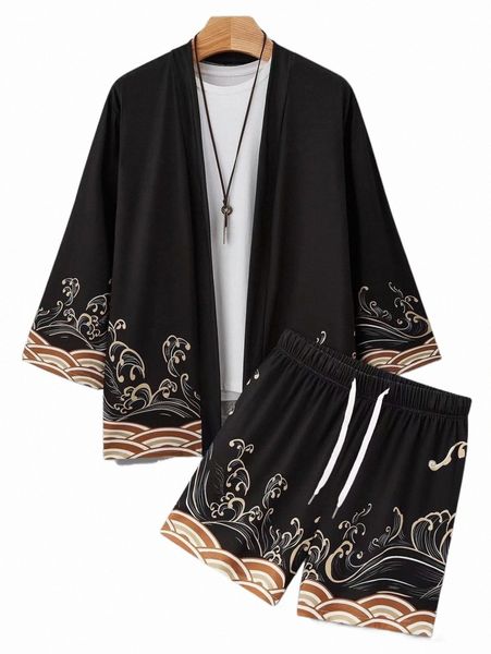 

men random wave print kimono & drawstring waist shorts without tee l3hz#, Gray