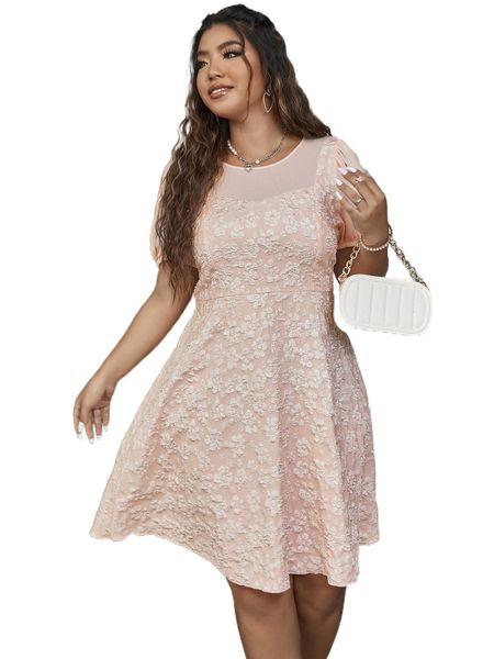 

plus floral pattern zipper back puff sleeve dress r8fm#, Black
