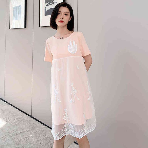 

short sleeve summer pregnant women embroidery dress with liner short sleeve oneck lace patchwork chiffon maternity aline dress j220628, White