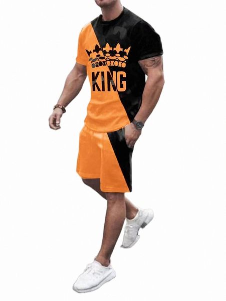 

men letter graphic colorblock tee & shorts v8k7#, Gray