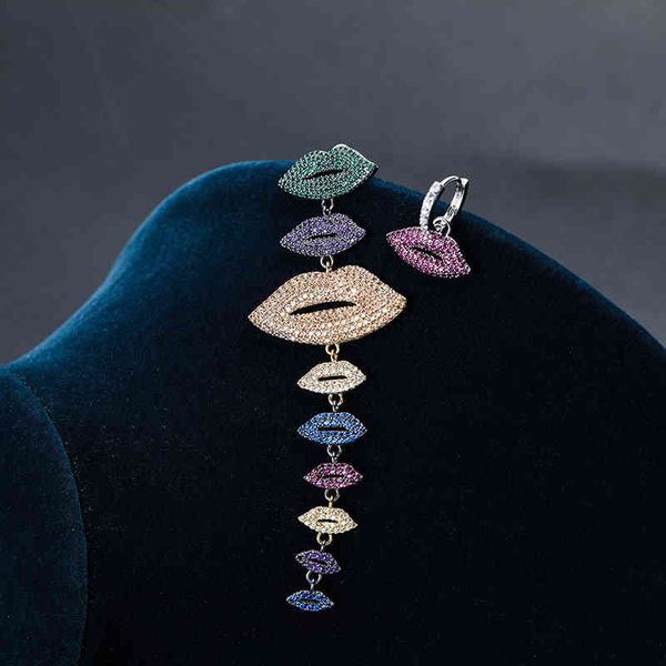 

fashion luxury design full micro zircon asymmetric lip earrings colorful stone multi mouth earring party jewelry gift zk30, Golden