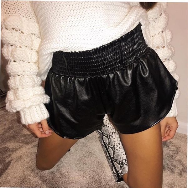 

black faux leather biker shorts women elastic high waist wide leg fashion autumn casual ladies femme 220427, White;black