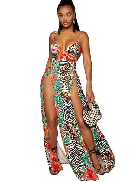 

leopard & tropical print split thigh cami dress n9yo#, Black;gray