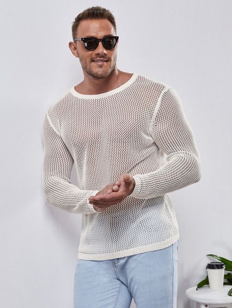 

men sheer open knit u2te#, White;black