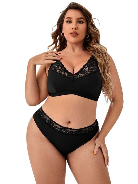 

plus contrast lace wireless lingerie set u99z#, Black;white