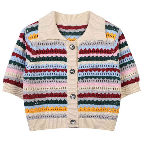 

women's sweaters ethnic style knitted cardigan 2022 summer color contrast stripe hook flower hollowed out temperament lapel women', White;black