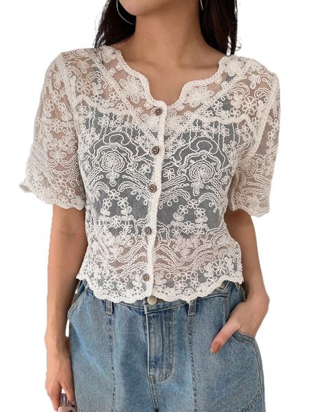 

dazy scallop trim button up crop lace j87z#, White
