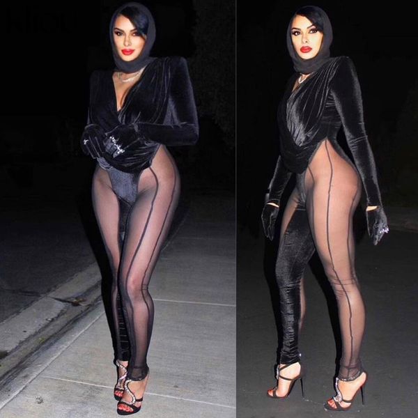 

mesh patchwork jumpsuit women autumn full sleeve v-neck see through one piece clothing hipster midnight attirewear, Black;white