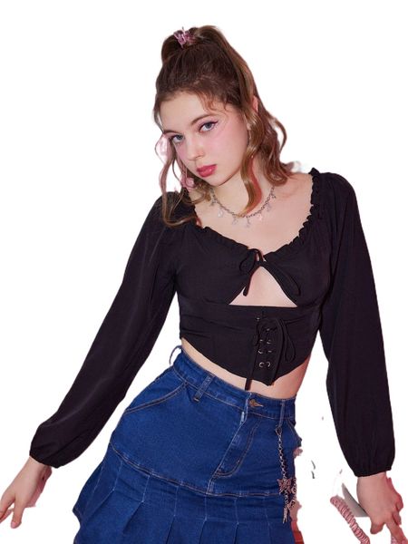 

romwe sweetness lace up cut out shirred blouse q6jc#, White
