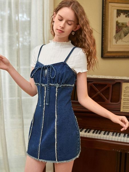 

mod raw cut knot front cami denim dress f5qv#, Black;gray