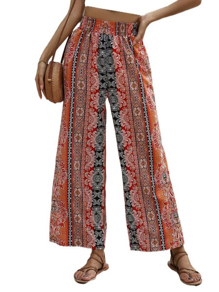 

plant print wide leg pants w69z#, Black;white