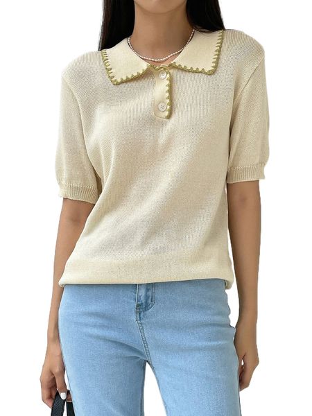 

dazy-less polo neck button front knit p0bd#, White;black