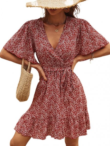 

ditsy floral print wrap ruffle hem belted dress b3wj#, Black;gray